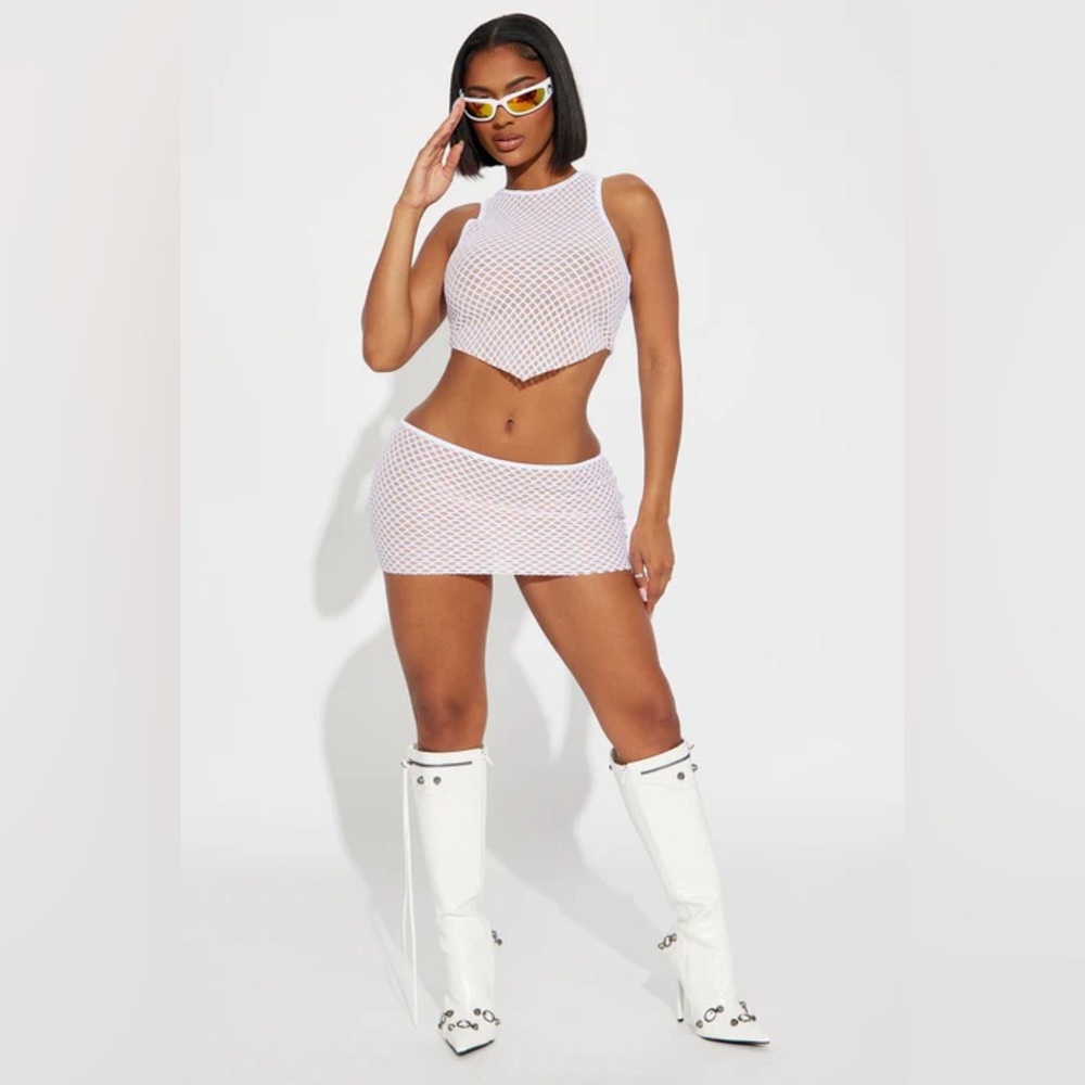 Fashion Nova Ciena Fishnet Micro Mini Skirt Set - White {XL}